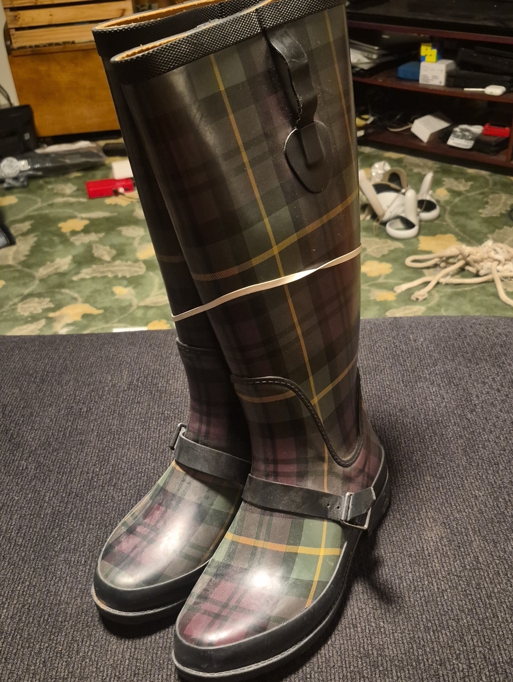L.L. Bean Women's Plaid Tall Rain Boots in Green, Black & Yellow